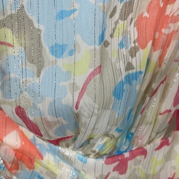 New Likely Sara Dress Floral Watercolor Metallic One Shoulder Midi Sz 0
